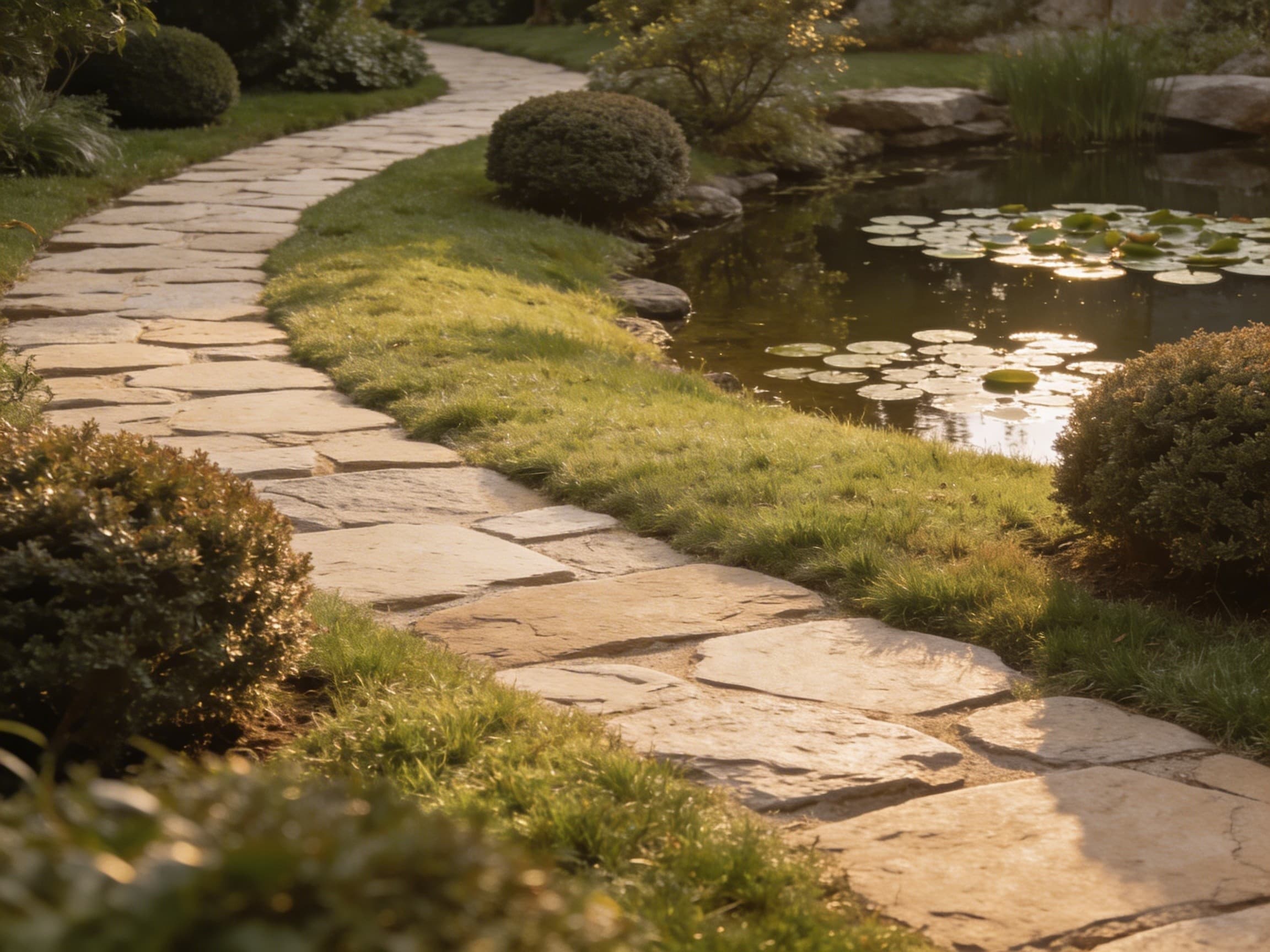 Stone pathway and reflective pond surrounded by planting